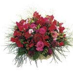 Basket of mixed flowers in red