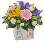 Bright Mixed Blooms in a Ceramic Cube