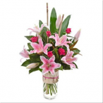 Modern Bouquet of Oriental Lilies & Roses in a Vase